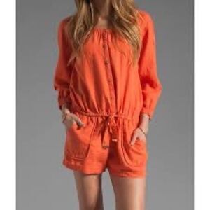 Juicy Couture Orange Linen Cotton Romper XS – Button Front, Drawstring Waist